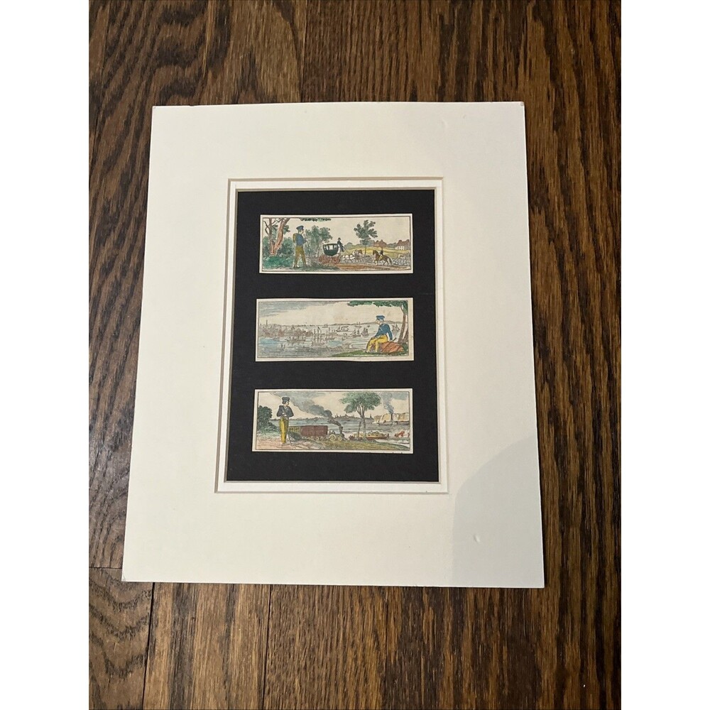 3 Vintage English Miniature On One Frame Horse Sailing Scene Hand Tinted